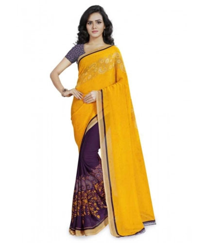 Generic Women's Faux Georgette Printed Saree With Unstitched Blouse 5.5Mtr (Yellow)