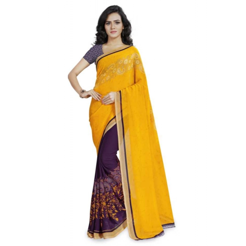 Women's Faux Georgette Printed Saree With Unstitched Blouse 5.5Mtr (Yellow)