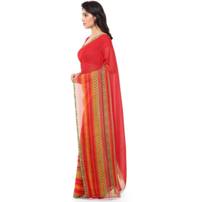 Women's Faux Georgette Printed Saree With Unstitched Blouse 5.5Mtr (Red)