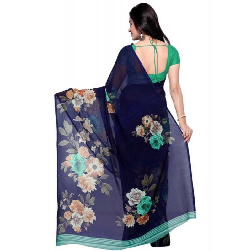 Women's Faux Georgette Printed Saree With Unstitched Blouse 5.5Mtr (Blue)