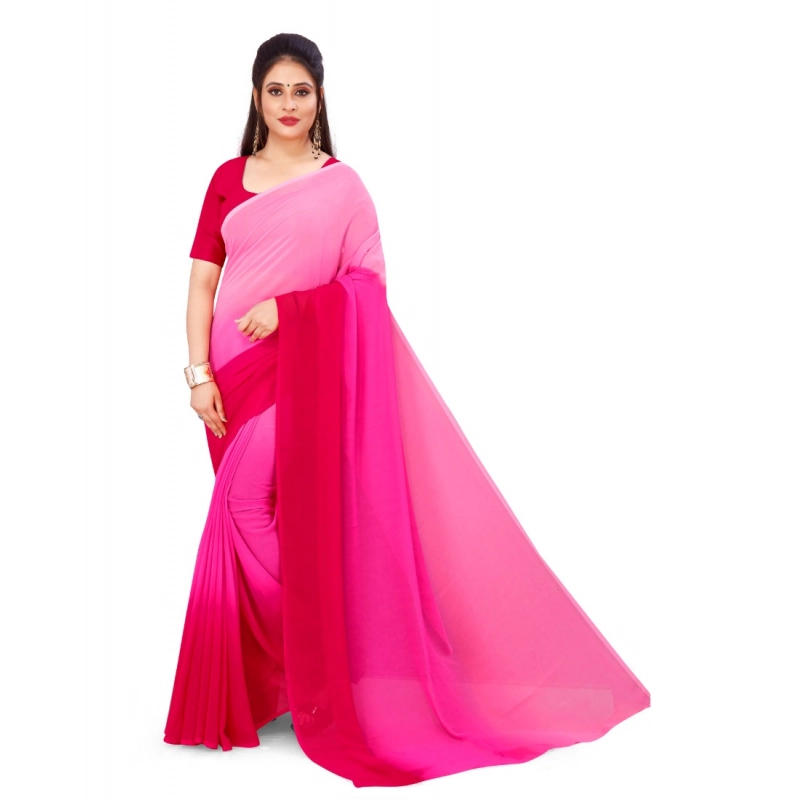 Women's Georgette Solid Saree With Unstitched Blouse 5.5Mtr (Pink)
