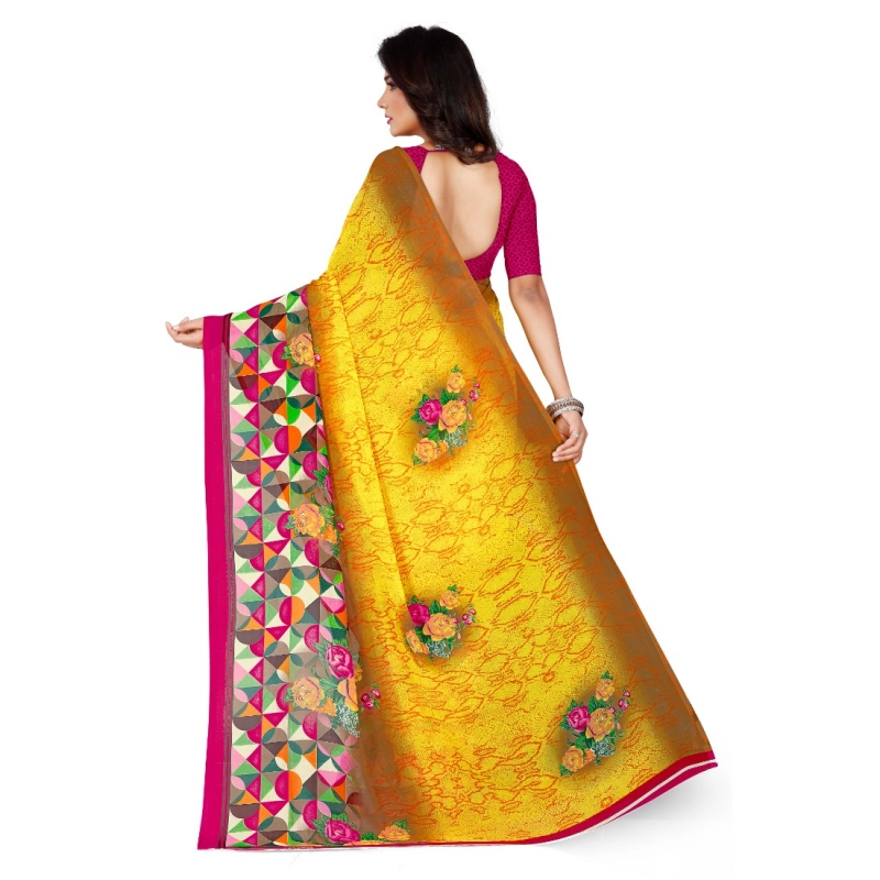 Women's Faux Georgette Printed Saree With Unstitched Blouse 5.5Mtr (Yellow)