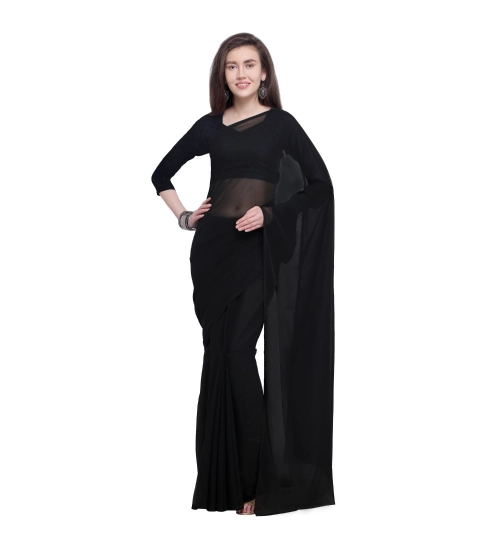 Generic Women's Dyed Solid Saree With Unstitched Blouse 5.5Mtr (Black)