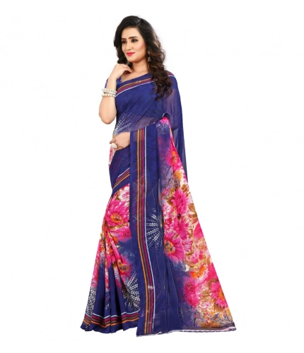 Generic Women's Georgette Printed Saree With Unstitched Blouse 5.5Mtr (Blue)