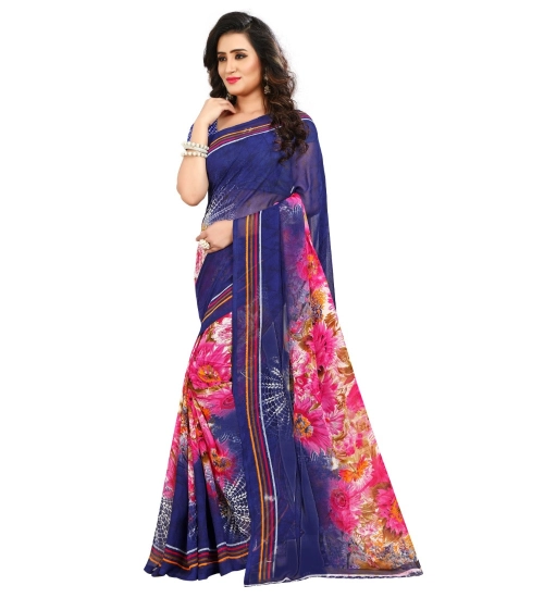 Generic Women's Georgette Printed Saree With Unstitched Blouse 5.5Mtr (Blue)