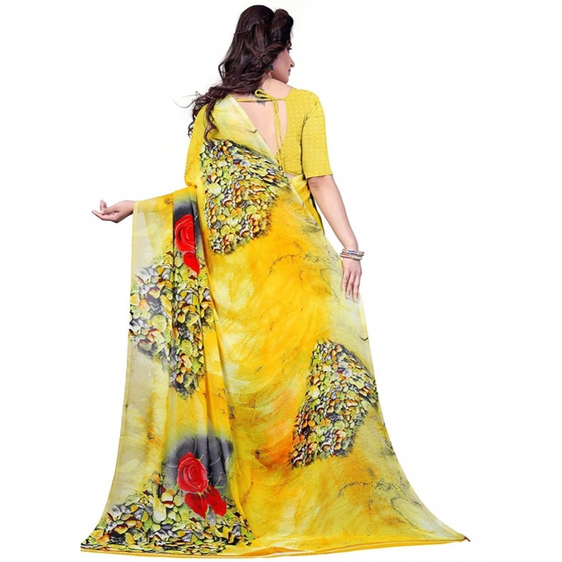 Women's Faux Georgette Printed Saree With Unstitched Blouse 5.5Mtr (Yellow)