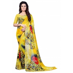 Generic Women's Faux Georgette Printed Saree With Unstitched Blouse 5.5Mtr (Yellow)