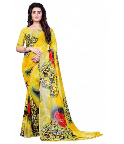 Generic Women's Faux Georgette Printed Saree With Unstitched Blouse 5.5Mtr (Yellow)