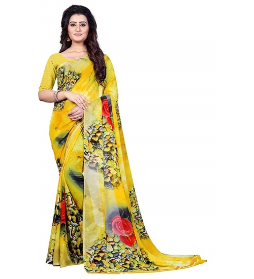Generic Women's Faux Georgette Printed Saree With Unstitched Blouse 5.5Mtr (Yellow)