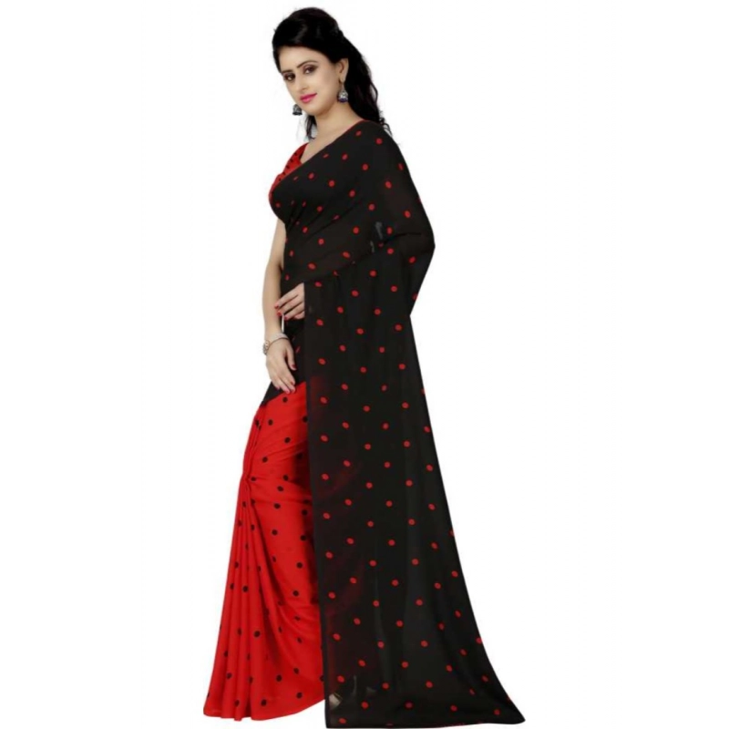 Women's Faux Georgette Printed Saree With Unstitched Blouse 5.5Mtr (Red black)
