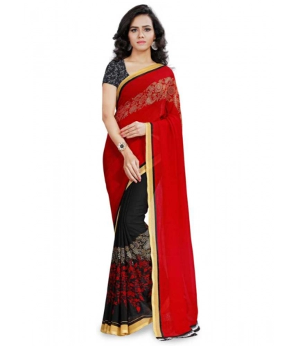 Generic Women's Faux Georgette Printed Saree With Unstitched Blouse 5.5Mtr (Red)