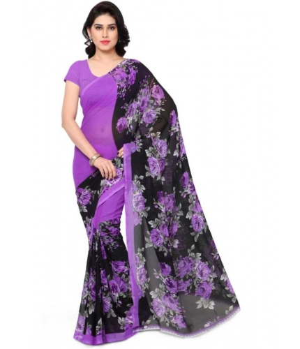 Generic Women's Faux Georgette Printed Saree With Unstitched Blouse 5.5Mtr (Purple)
