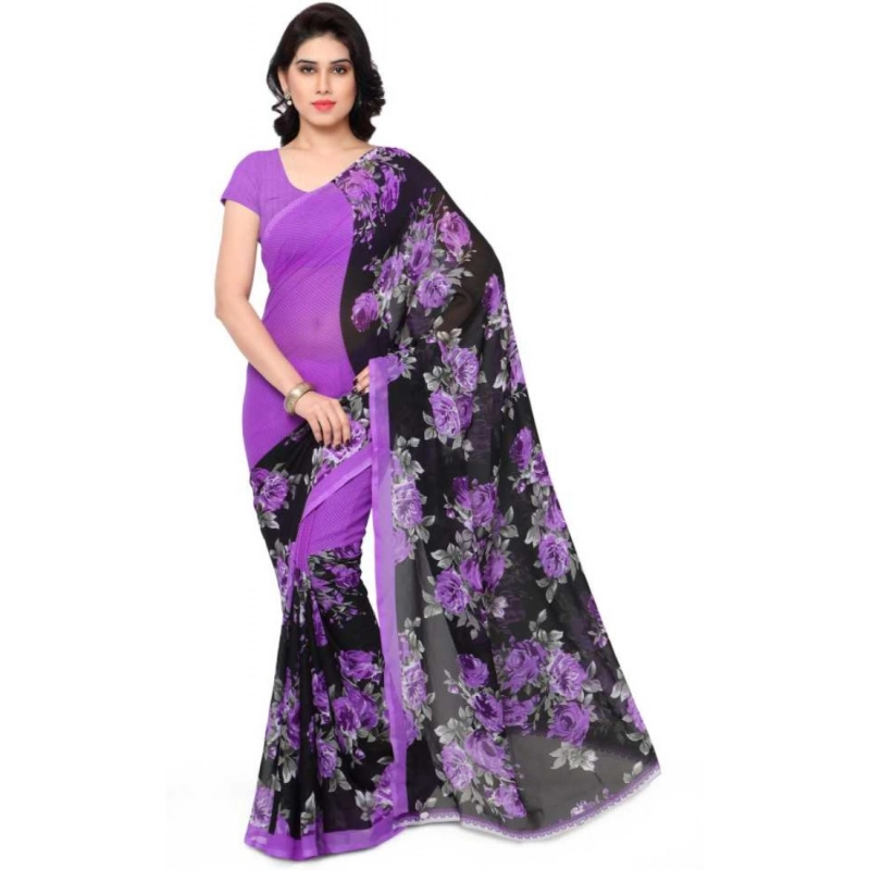 Women's Faux Georgette Printed Saree With Unstitched Blouse 5.5Mtr (Purple) Women's Faux Georgette Printed Saree With Unstitched Blouse 5.5Mtr (Purple)