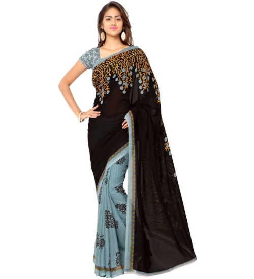 Generic Women's Faux Georgette Printed Saree With Unstitched Blouse 5.5Mtr (Brown)