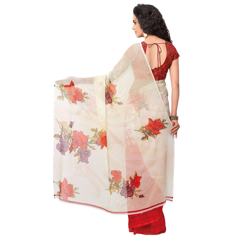 Women's Faux Georgette Printed Saree With Unstitched Blouse 5.5Mtr (Red)