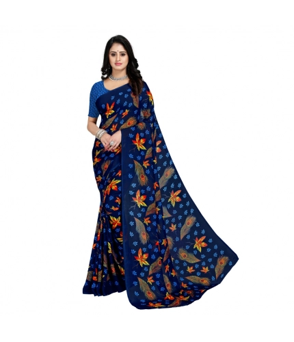 Generic Women's Faux Georgette Printed Saree With Unstitched Blouse 5.5Mtr (Blue)