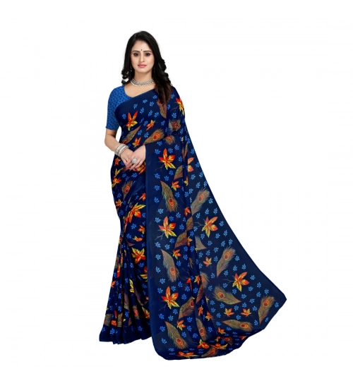 Generic Women's Faux Georgette Printed Saree With Unstitched Blouse 5.5Mtr (Blue)