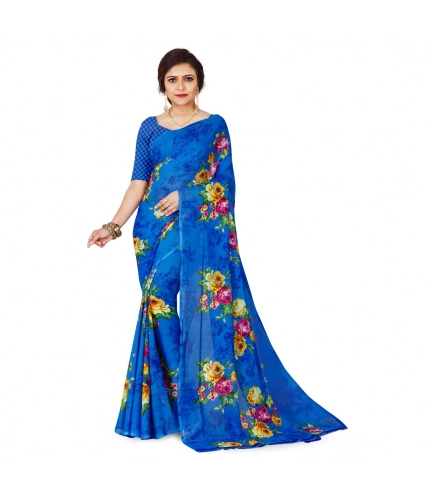 Generic Women's Faux Georgette Printed Saree With Unstitched Blouse 5.5Mtr (Blue)