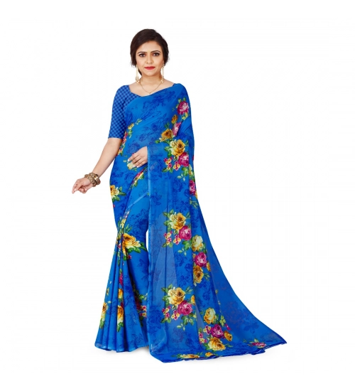 Generic Women's Faux Georgette Printed Saree With Unstitched Blouse 5.5Mtr (Blue)
