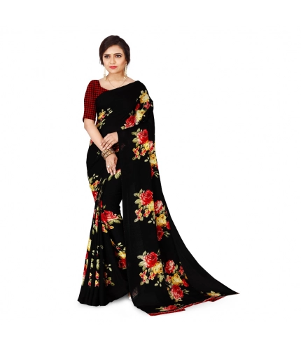 Generic Women's Faux Georgette Printed Saree With Unstitched Blouse 5.5Mtr (Black)