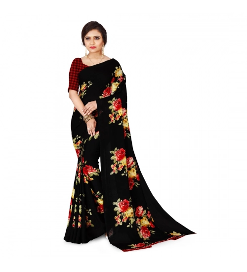 Generic Women's Faux Georgette Printed Saree With Unstitched Blouse 5.5Mtr (Black)