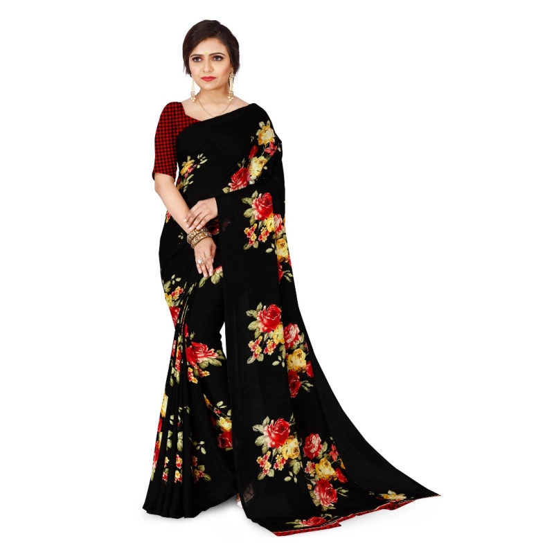 Women's Faux Georgette Printed Saree With Unstitched Blouse 5.5Mtr (Black)