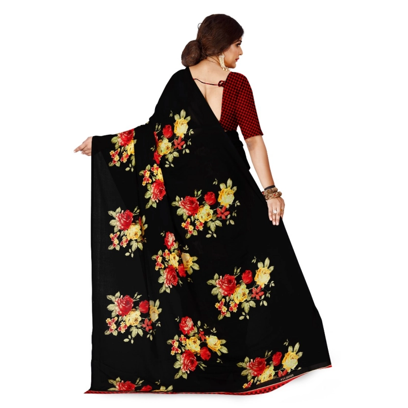 Women's Faux Georgette Printed Saree With Unstitched Blouse 5.5Mtr (Black)