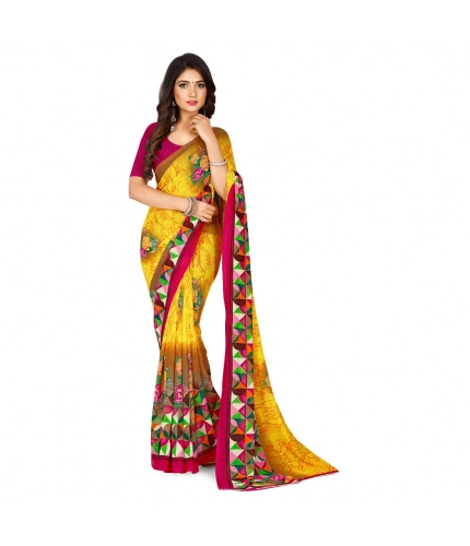 Generic Women's Faux Georgette Printed Saree With Unstitched Blouse 5.5Mtr (Yellow)