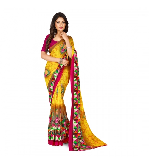 Generic Women's Faux Georgette Printed Saree With Unstitched Blouse 5.5Mtr (Yellow)