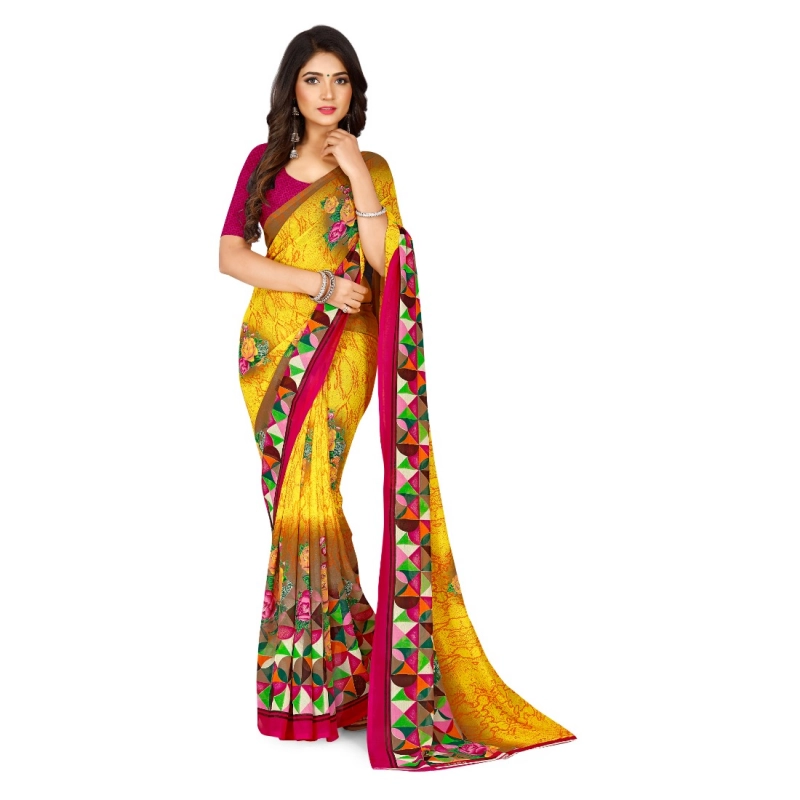 Women's Faux Georgette Printed Saree With Unstitched Blouse 5.5Mtr (Yellow)