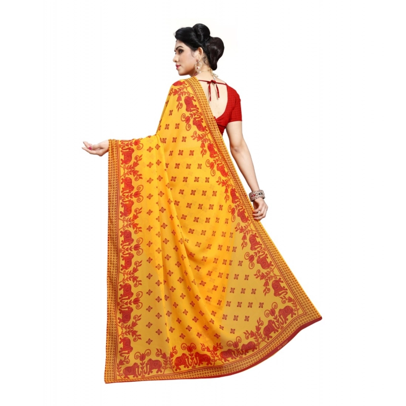 Women's Georgette Printed Saree With Unstitched Blouse 5.5Mtr (Red)