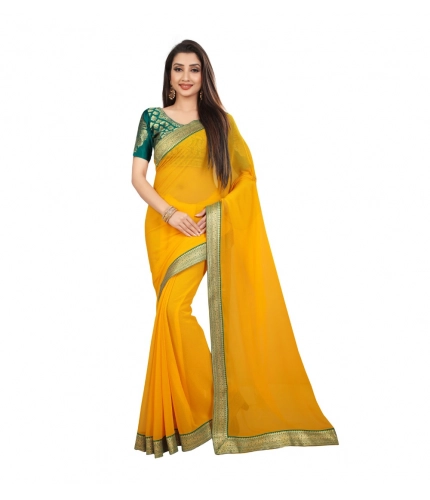 Generic Women's Chiifon Saree Printed Saree With Unstitched Blouse 5.5Mtr (Yellow)