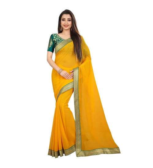 Generic Women's Chiifon Saree Printed Saree With Unstitched Blouse 5.5Mtr (Yellow)
