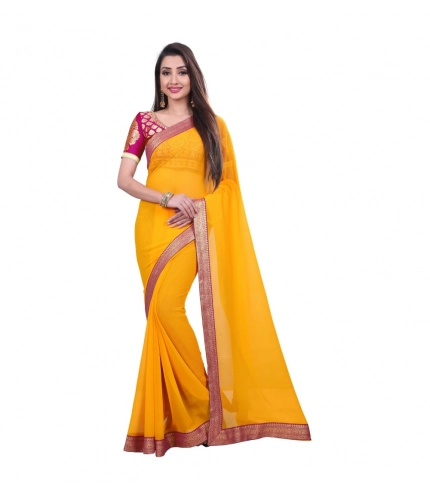 Generic Women's Chiifon Saree Printed Saree With Unstitched Blouse 5.5Mtr (Yellow)
