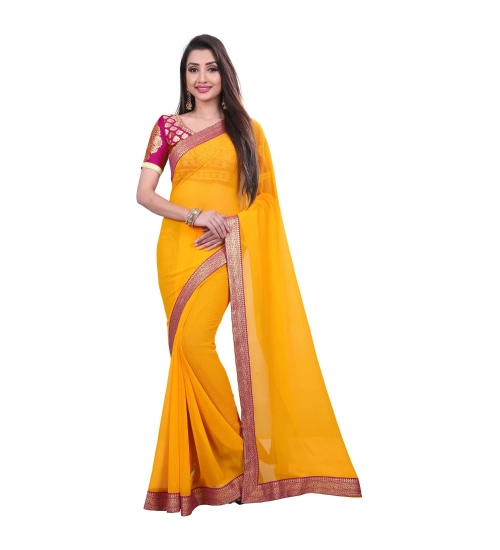 Generic Women's Chiifon Saree Printed Saree With Unstitched Blouse 5.5Mtr (Yellow)