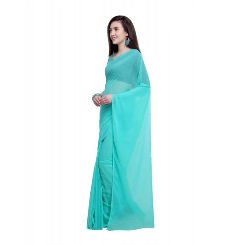 Women's Dyed Solid Saree With Unstitched Blouse 5.5Mtr (Seablue)