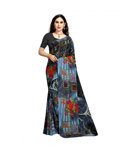 Generic Women's Georgette Printed Saree With Unstitched Blouse 5.5Mtr (Blue)