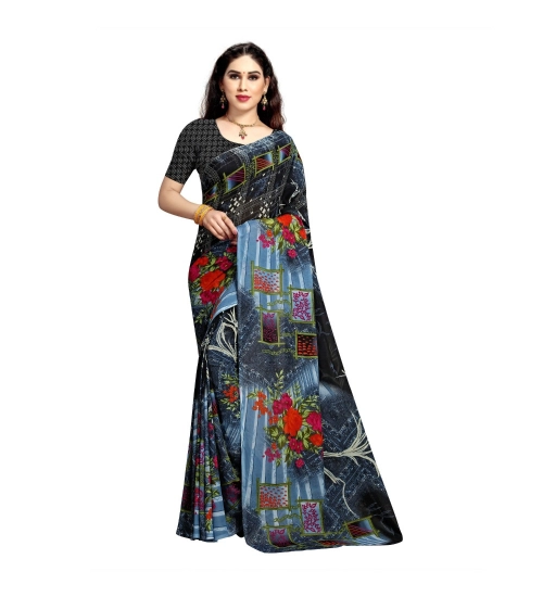 Generic Women's Georgette Printed Saree With Unstitched Blouse 5.5Mtr (Blue)