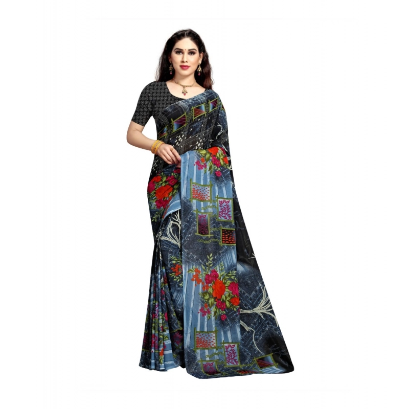 Women's Georgette Printed Saree With Unstitched Blouse 5.5Mtr (Blue)