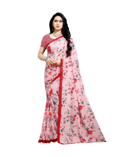 Generic Women's Georgette Printed Saree With Unstitched Blouse 5.5Mtr (Peach)