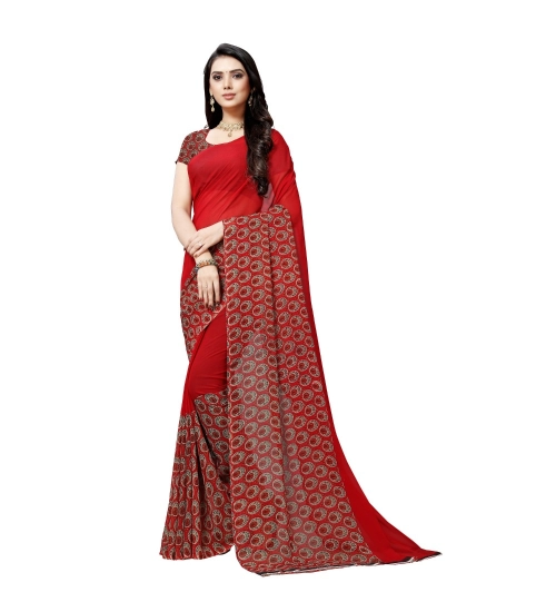 Generic Women's Georgette Printed Saree With Unstitched Blouse 5.5Mtr (Red)