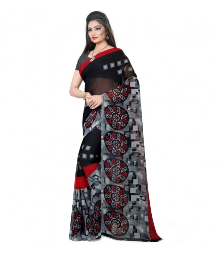 Generic Women's Georgette Printed Saree With Unstitched Blouse 5.5Mtr (Black)