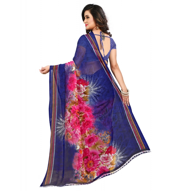 Women's Georgette Printed Saree With Unstitched Blouse 5.5Mtr (Blue)