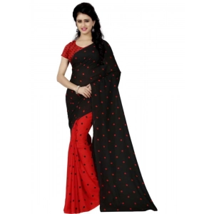 Generic Women's Faux Georgette Printed Saree With Unstitched Blouse 5.5Mtr (Red black)