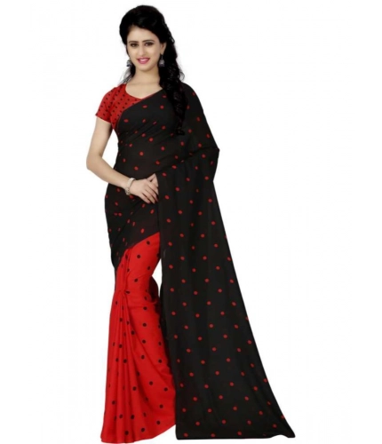 Generic Women's Faux Georgette Printed Saree With Unstitched Blouse 5.5Mtr (Red black)