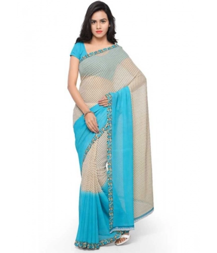 Generic Women's Faux Georgette Printed Saree With Unstitched Blouse 5.5Mtr (Blue)