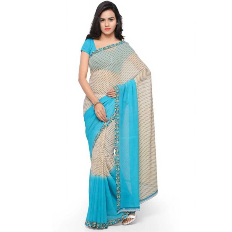 Women's Faux Georgette Printed Saree With Unstitched Blouse 5.5Mtr (Blue)