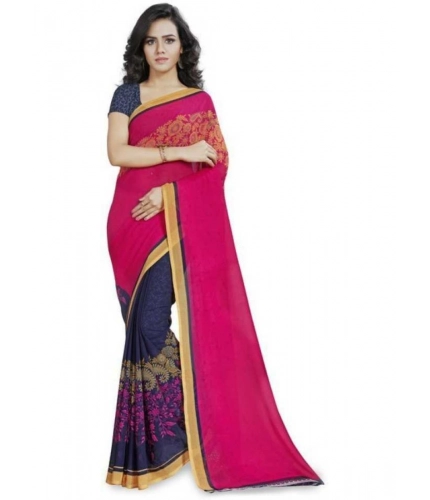 Generic Women's Faux Georgette Printed Saree With Unstitched Blouse 5.5Mtr (Pink)
