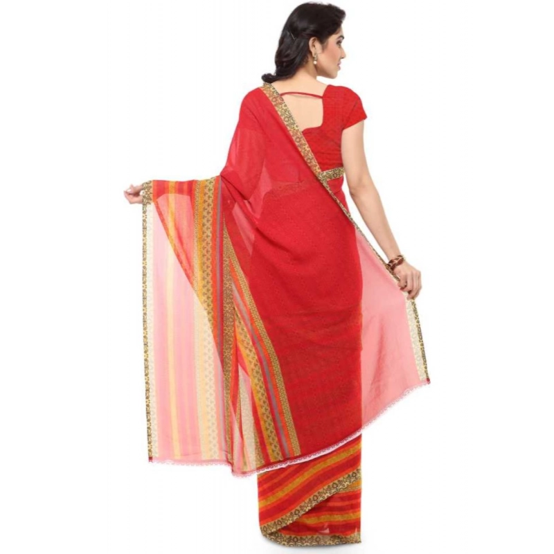 Women's Faux Georgette Printed Saree With Unstitched Blouse 5.5Mtr (Red)