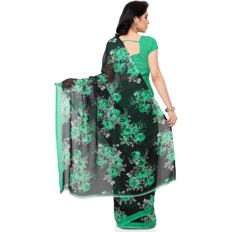 Women's Faux Georgette Printed Saree With Unstitched Blouse 5.5Mtr (Green)